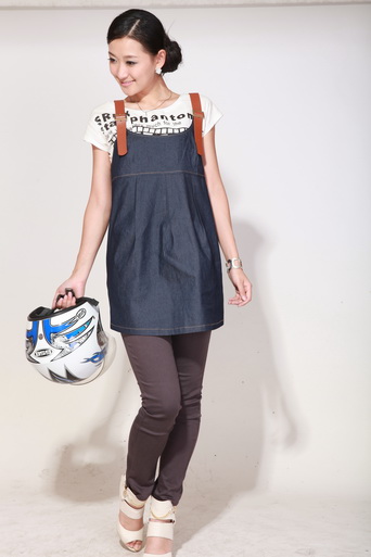 育靈龍時尚銀纖維吊帶牛仔藍