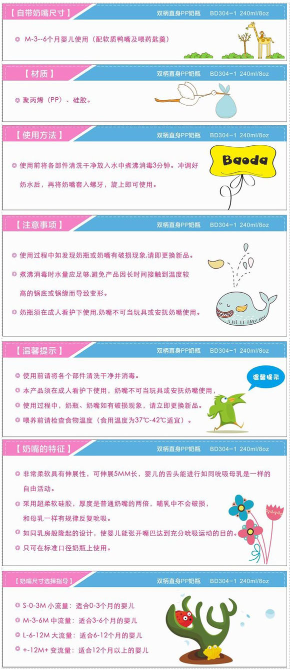 寶德雙柄直身PP奶瓶240ml藍(lán)