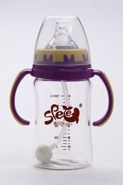 施貝樂紫色寬口弧形帶柄玻璃奶瓶180ml
