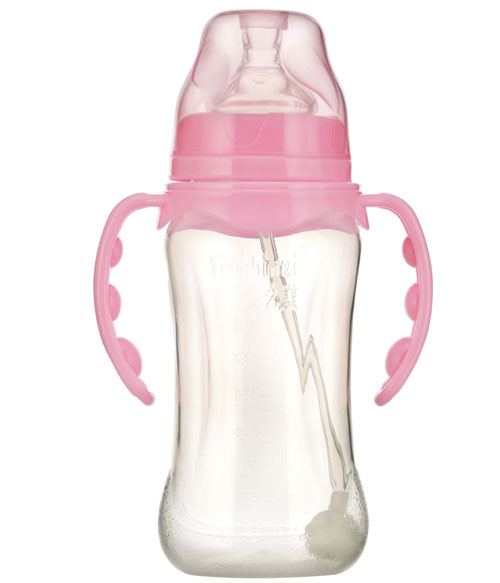 嬰之美寬口雙耳自動弧形PP嬰兒奶瓶300ML粉色