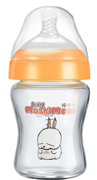 矇矇兔橙色無(wú)柄晶鉆玻璃奶瓶