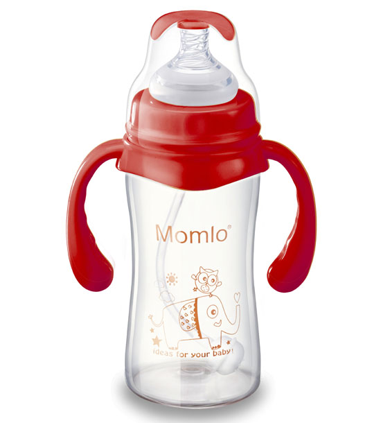 苗苗樂帶手柄嬰兒玻璃奶瓶紅色