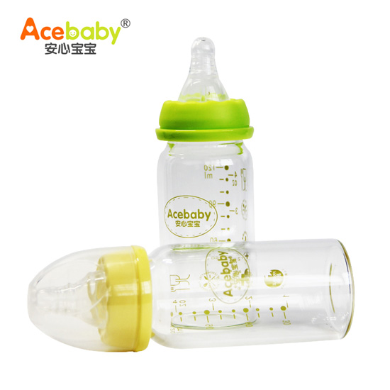 安心寶寶120ml標(biāo)準(zhǔn)口徑高硼硅玻璃奶瓶綠色黃色兩個(gè)裝