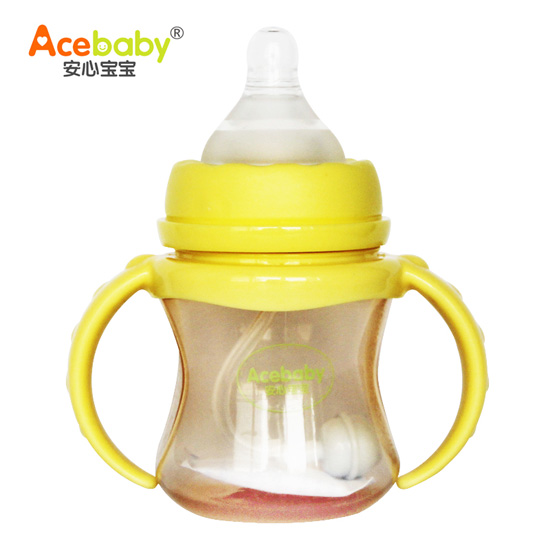 安心寶寶150ml寬口納米銀抗菌雙耳自動(dòng)PP奶瓶無(wú)蓋黃色手柄