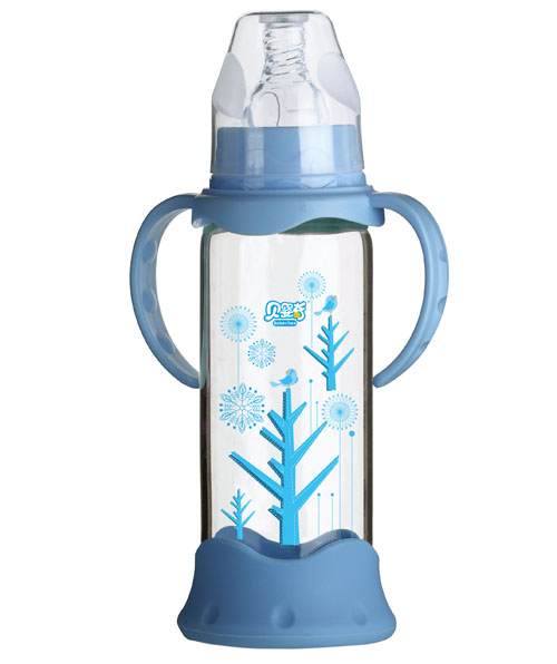 貝嬰奇240ml防爆感溫標口晶鉆玻璃奶瓶藍色