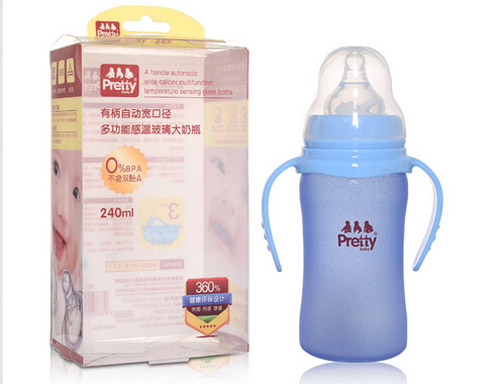 prettybaby有柄自動寬口徑多功能感溫玻璃大奶瓶240ML