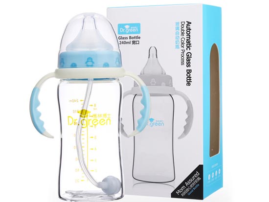 格林博士寬口玻璃自動奶瓶240ML藍色