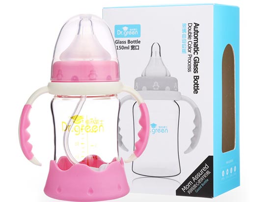 格林博士寬口玻璃自動奶瓶150ML紅色