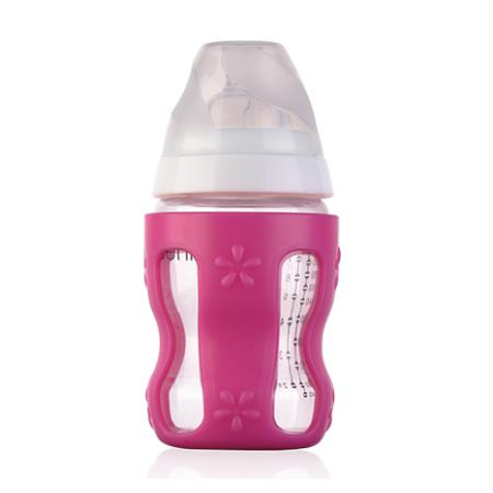 清素250ml寬口玻璃奶瓶(帶保護(hù)套+中流量奶嘴)-玫紅色