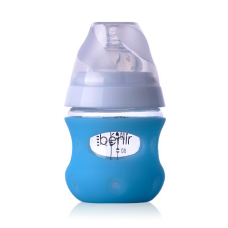 清素130ml寬口玻璃奶瓶(帶保護(hù)套+慢流量奶嘴)-藍(lán)色