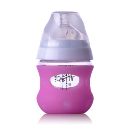 清素130ml寬口玻璃奶瓶(帶保護(hù)套+慢流量奶嘴)-玫紅色