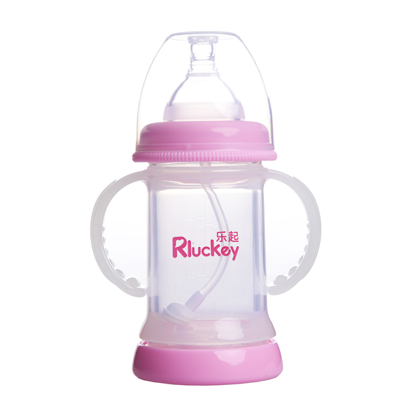 樂起寬口雙層防爆有耳自動晶鉆玻璃底部透氣奶瓶150ml粉色