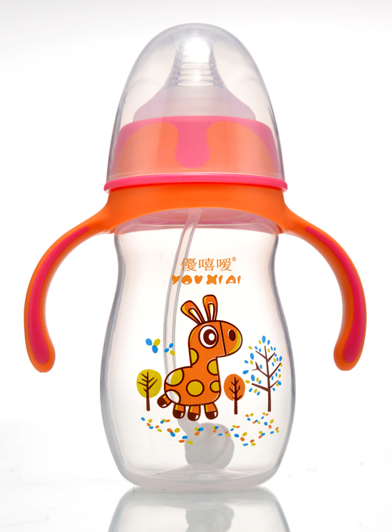 優(yōu)嘻噯炫彩PP寬口徑自動奶瓶260ml橙黃色