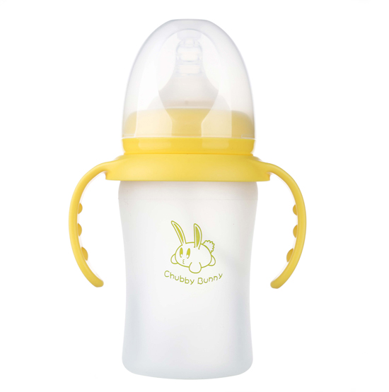 丘比兔寬口徑硅膠自動(dòng)把手奶瓶黃色
