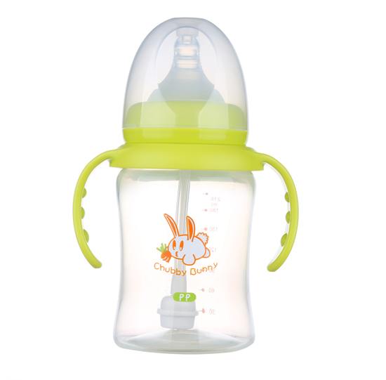 丘比兔PP寬口徑葫蘆型自動把奶瓶210ML青色