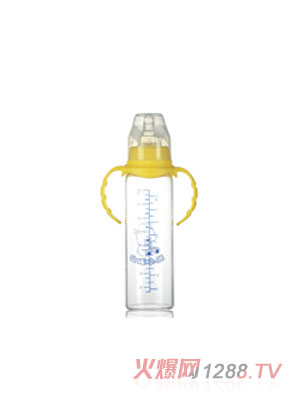 哈尼小熊標(biāo)口徑直身雙柄晶鉆玻璃奶瓶（盒裝）