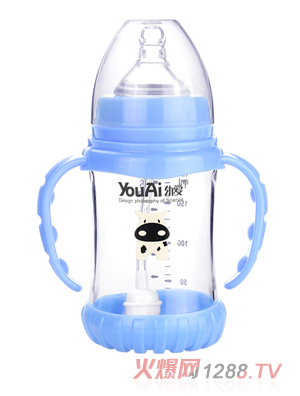 幼愛帶柄自動吸防摔感溫晶鉆玻璃寬口奶瓶180ml