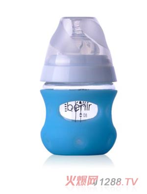 清素130ml寬口玻璃奶瓶（帶保護(hù)套+慢流量奶嘴）-藍(lán)色