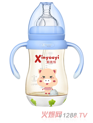 新優(yōu)怡寬口弧形帶底座有柄自動ppsu奶瓶260ml 藍色